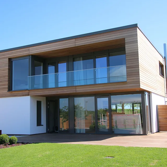 Modernes Einfamilienhaus mit Holzfassade, Flachdach und Balkon – Neubau ausgeführt durch Ewers Bau im norddeutschen Raum